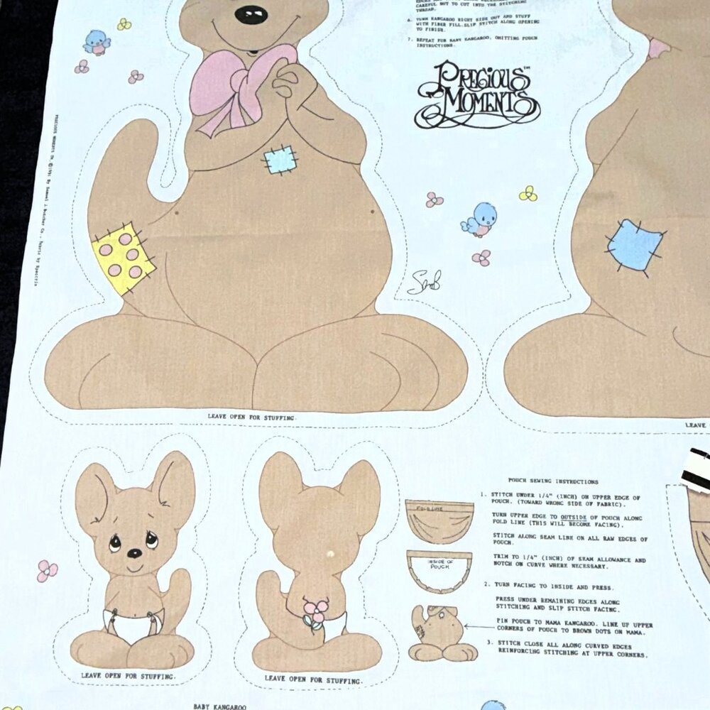 Vintage 1991 Precious Moments Mama & Baby Kangaroo Cut & Sew Fabric Panel Uncut - Picture 7 of 10